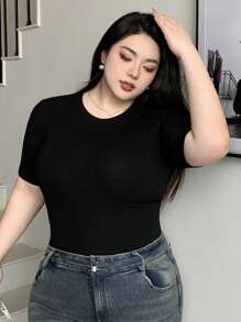 REIGN AVE Plus Size Crew Neck Solid Color Short Sleeve Black Base T-Shirt, Back To School Clothes - Black - View 7