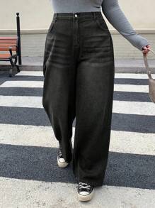 Dazy Plus Washed Loose Straight Leg Long Jeans, Casual, All Season - Black - View 4