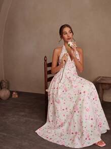 Savoree Elegant & Dignified Floral Allover Print Backless Halter Dress - Pink - View 3