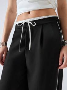LYSMO Damen Hose mit Kordelzug in der Taille, Taschen, plissiert, gerade, locker, lässig - Schwarz - Übersicht 5