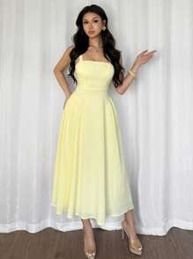 Firerie 女士优雅简约夏季海滩度假黄色褶皱纹理面料吊带背心中长款 A 字裙 - 黃色 - 查看 5