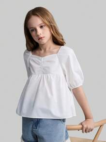 Ontre Blusa suelta de unicolor con mangas de globo para niñas preadolescentes - Blanco - Ver 1
