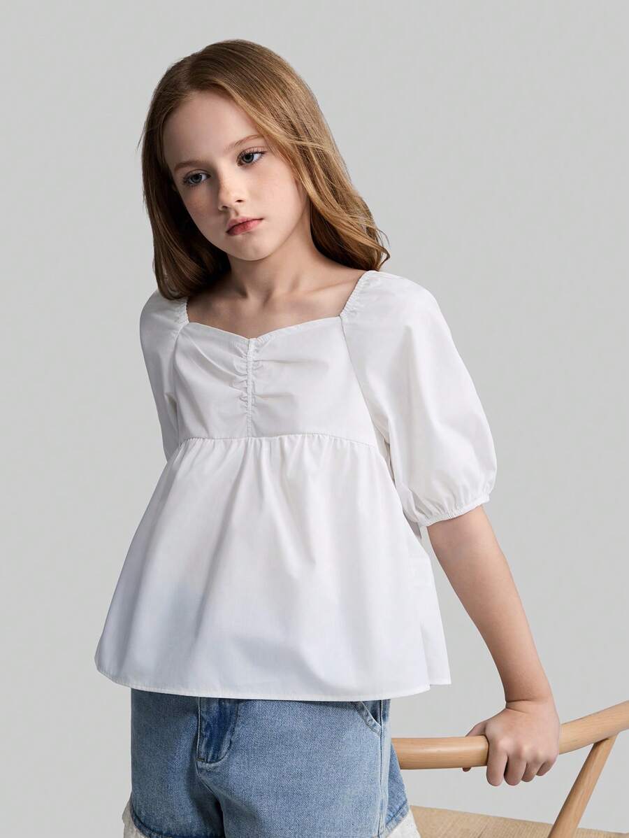 Ontre Blusa suelta de unicolor con mangas de globo para niñas preadolescentes - Blanco - Ver 1
