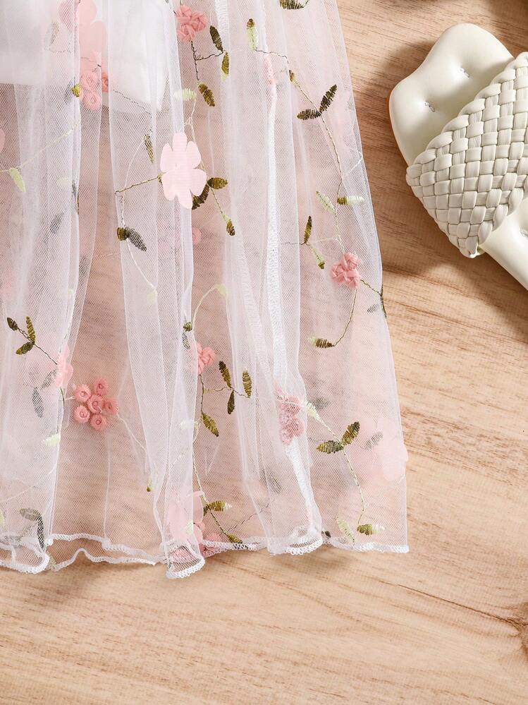 SHEIN Glamorique Kids 2pcs Young Girl Spring/Autumn Stylish Casual Vacation Sleeveless Top And Floral Net Skort Set - Pink - View 4