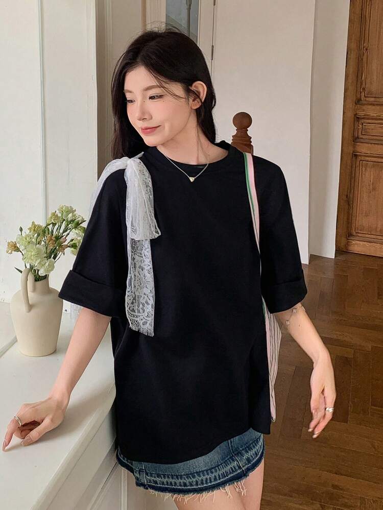 Women's Summer Design Sense Colorblock Bowknot Short Sleeve Loose T-Shirt