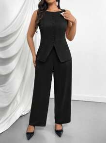 Firerie Plus Size Women's Business Suit Vest With Faux Pocket Detail, V-Neck Khaki Jacket And Pants 2 Pieces Set - Black - View 5