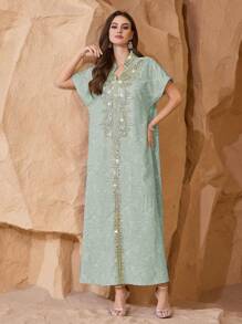 Al Najma 优雅奢华提花面料拼布高端亮片刺绣下摆宽松别致奢华女士连衣裙