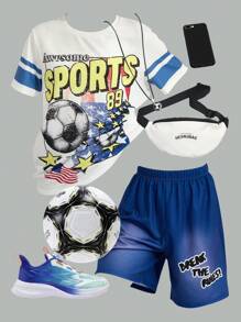 SHEIN 2pcs Tween Boys Casual Versatile Comfortable Letter Print Graphic Crew Neck Loose Fit Short Sleeve T-Shirt And Shorts Set - Multicolor - View 1