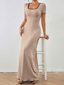 SHEIN Clasi Vestido maxi elegante y ajustable de cintura entallada de cuello cuadrado de color liso para mujer, vestido bohemio/boho/de festival de verano largo para mujer