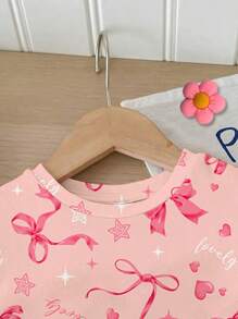 SHEIN Cute Sweet Bow Heart Star Print Pink Baby Girl Casual Round Neck Short Sleeve T-Shirt & Leggings 2 Pieces Set, Suitable For Spring/Summer - Multicolor - View 4