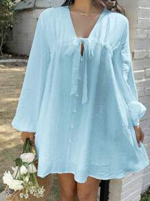 Sunnyshic Women's Casual V-Neck Tie Bow Short Mini Dress, Solid Color, Comfortable, Suitable For Spring/Summer Holiday And Daily Wear - Blue - View 5