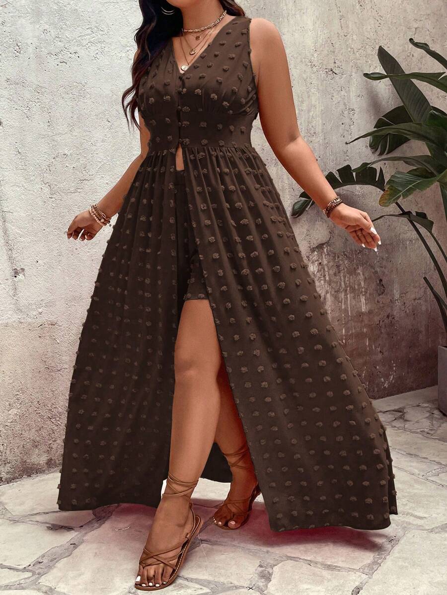 SHEIN Holidaya Plus Size Vacation Casual Solid Color Sleeveless Long Top & Shorts 2pcs Set - Brown - View 1