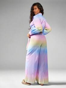 MISSGUIDED طقم قميص بياقة أمامية مربوطة ذو ألوان قوس باللون الباستيل الداكن وبنطلون ذو ساق واسعة، مجموعة ملابس مترابطة مناسبة للمناسبات والأعياد الصيفية والشاطئ ومناسبات الخروج - متعدد الألوان - مشاهدة 2