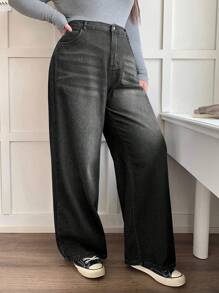 Dazy Plus Washed Loose Straight Leg Long Jeans, Casual, All Season - Black - View 3