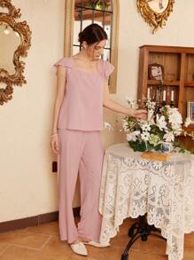 2pcs Women Lace Round Neck Pajama Set - Dusty Pink - View 1