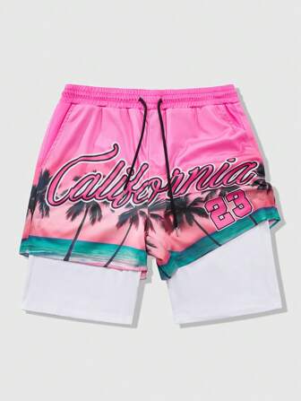 Prep Herren Lässig 2-in-1 Shorts mit Slogan Aufdruck, geeignet für den täglichen Gebrauch im Frühling und Sommer