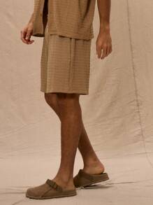 Drawstring Waist Waffle Textured Shorts Only Spring Summer Vacation - Khaki - View 3