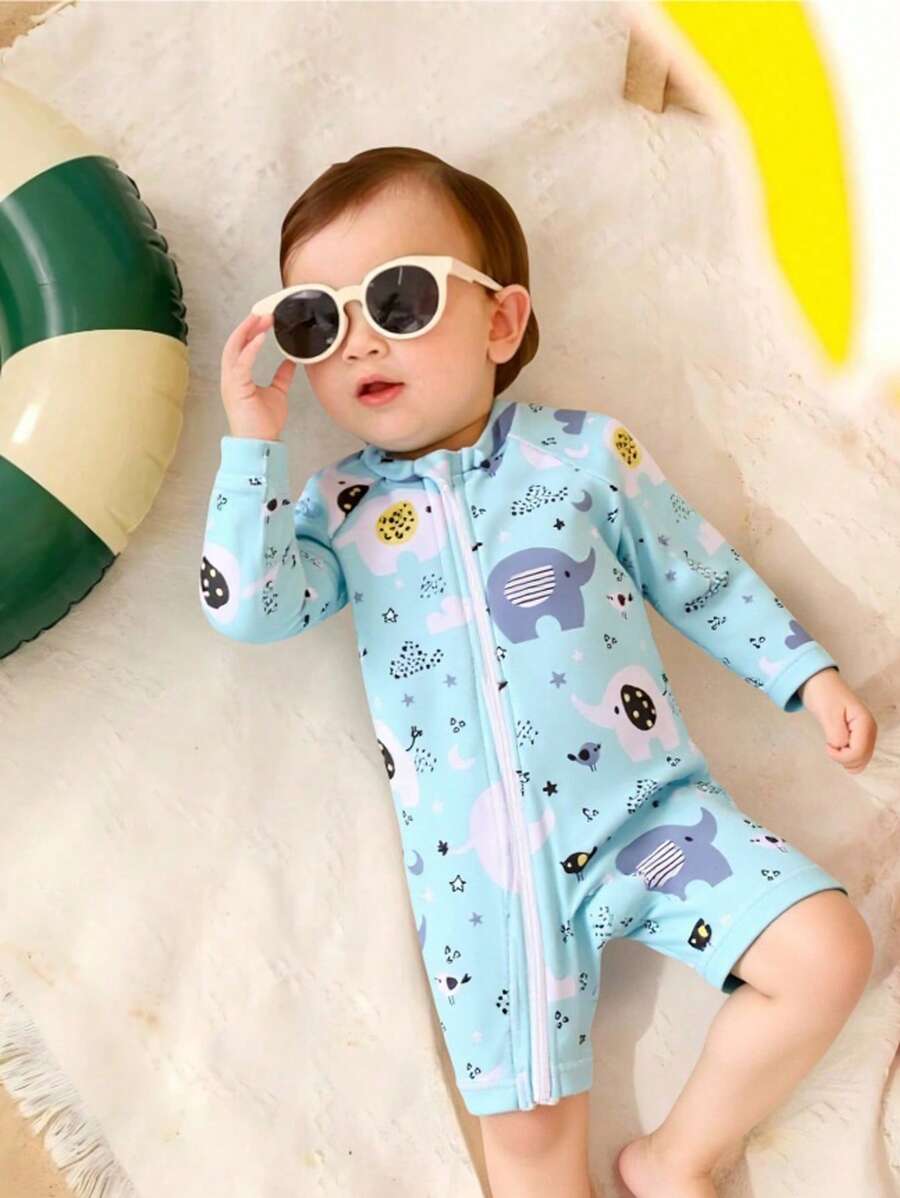 Newborn One-Piece Swimsuit With Zipper, Cute Animal, Star & Moon Random Print, Essential Swimwear For Newborn Swimming - Multicolor - View 1