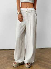 SHEIN EZwear Apricot Linen Woven Women's Wide-Leg Pants, Double Waist Knot, Simple And Fashionable, Suitable For Summer Seaside Vacation