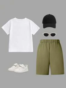 SHEIN 2pcs Set Boys Casual Simple Pattern Short Sleeve Crew Neck T-Shirt And Pants Set, Suitable For Summer - White - View 2