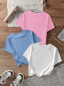 Muchica 3pcs/Set Casual Minimalist English Graphic Crew Neck Short Sleeve Cropped Fitted Woman T-Shirt, Suitable For Summer Suitable For Going Out - Multicolor - View 2