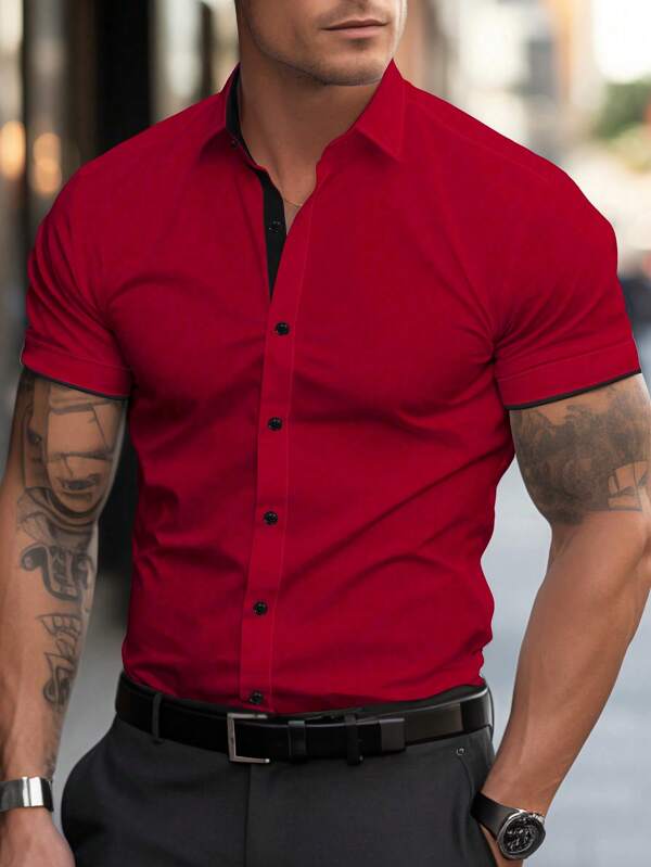 Manfinity Homme Men's Casual Simple Front Button Short Sleeve Shirt, Summer