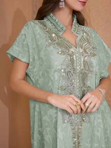 Al Najma 优雅奢华提花面料拼布高端亮片刺绣下摆宽松别致奢华女士连衣裙