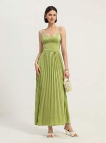 Chiquease Vestido largo elegante y romántico de estilo francés para mujeres, de color liso, con tirantes de espagueti, cintura alta y bajo plisado - Verde - Ver 3