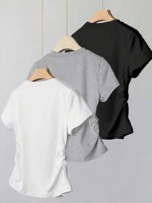 3pcs/Set Teens (Girls) Casual Versatile Bow Printed T-Shirt With Waist-Cinched Design Tops Tween Summer Shirts For Girls Cute Bow Shirts For Girls T Shirts For Girls Tshirts For Girls, School, Campus, College - Multicolor - View 2