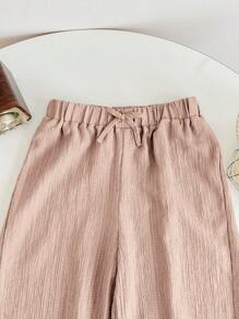 SHEIN LMoss Kids LMoss Tween Girl Textured Fabric Loose Wide Leg Pants With Drawstring Elastic Waistband - Pink - View 4