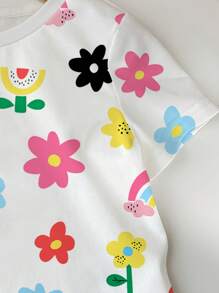 SHEIN 可爱花卉、蝴蝶、彩虹印花休闲简约女婴短袖圆领上衣，适合夏季 - 彩色 - 查看 5