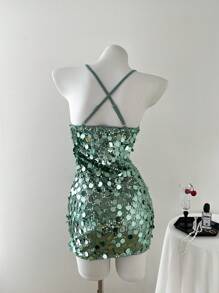 Elamini 女士纯色亮片露背交叉带魅力迷你连衣裙