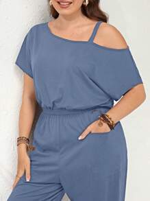 SHEIN LUNE Plus Size Solid Color Oblique Shoulder Short Sleeve Jumpsuit, Simple & Fashionable, Suitable For Summer - Blue - View 6