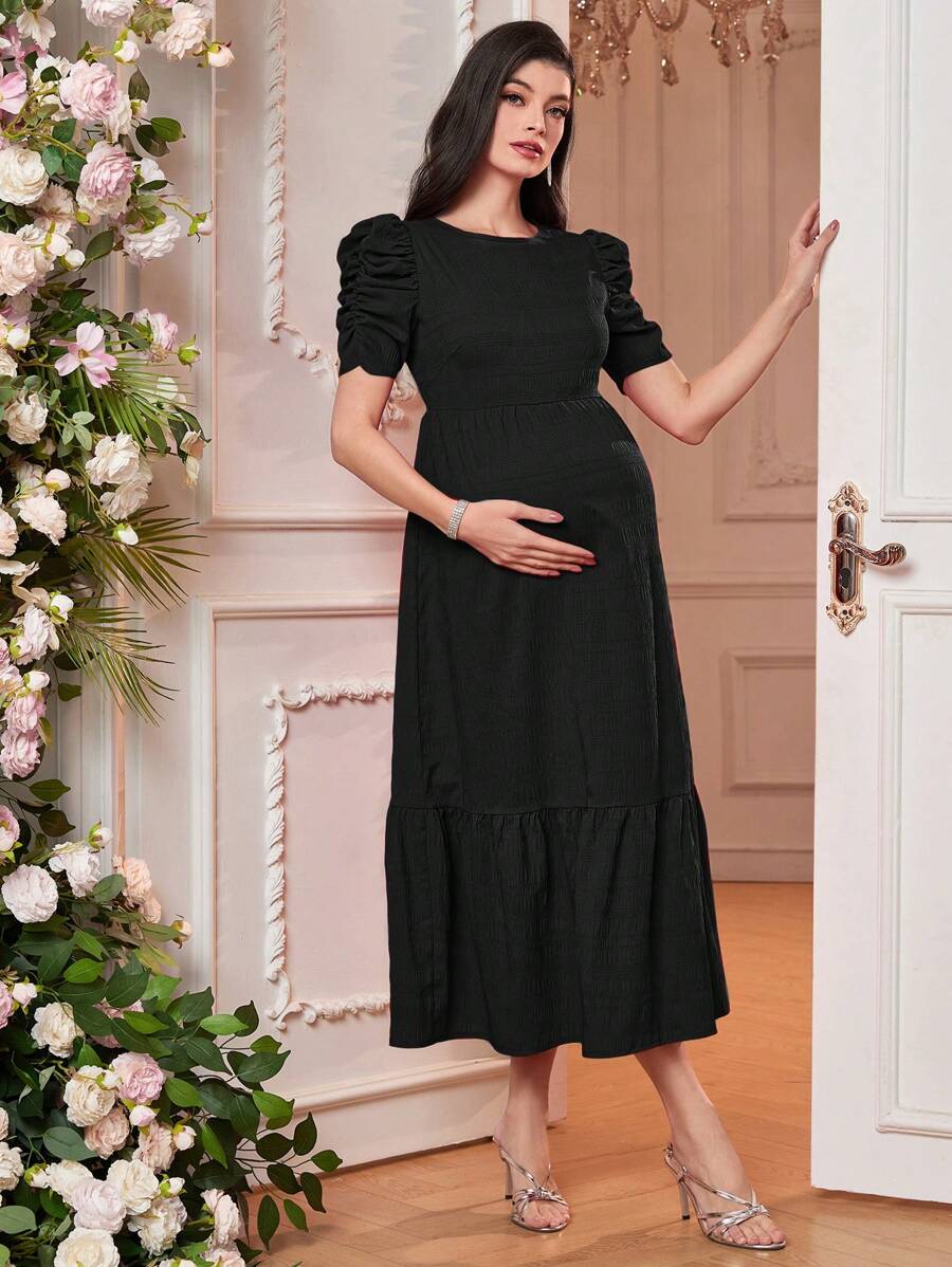 SHEIN Elegant Black Maternity Midi Dress With Short Puff Sleeves And Round Neckline For Special Occasions - Black - View 1