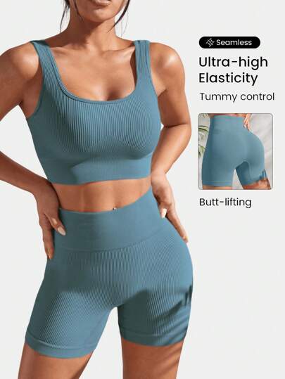 Easithlete Conjunto deportivo sin costuras de 2 piezas: top de punto acanalado y pantalones cortos de control de abdomen con pretina ancha para mujer, conjunto de gimnasio para mujer