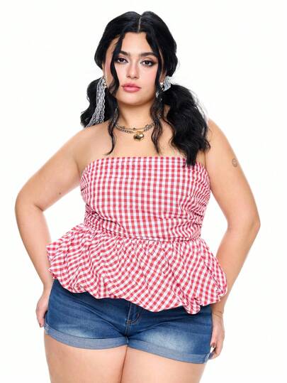 Kawaii Top con volantes florales vintage, estampado de cuadros y lazo en la cintura para mujeres de talla grande, adecuado para primavera y verano