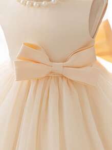 SHEIN Glamorique Kids 圣诞公主女婴礼服薄纱派对伴娘舞会礼服正式舞会礼服，粉色花卉派对婚礼礼服，带 V 形后背大蝴蝶结 - 杏色 - 查看 6