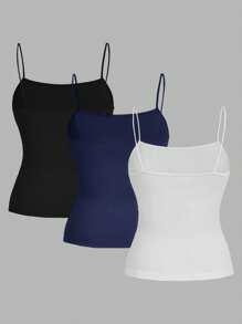 SHEIN EZwear 3 件套女士侧褶修身吊带背心上衣，黑色/白色/海军蓝，适合夏季 - 彩色 - 查看 2