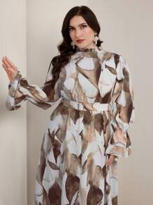 Graceveil 大码优雅扎染图案长裙，春夏朴素 - 卡其色 - 查看 5