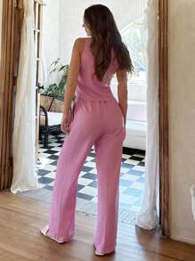 Cloudara Womenr  Soft Popular Pink Linen Co-Ord Set With Elegant Front Bow Tie Details – Breathable And Lightweight Sleeveless Top And Flowy High-Waisted Wide-Leg Pants Made From Premium Linen Fabric For A Stylish, Comfortable, And Youthful Everyday Look Women S Summer Clothes Women S Clothes