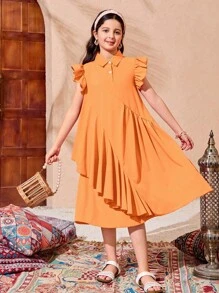 Girls Oversize Asymmetrical Splicing Ruffle Hem Cap Sleeve Loose Dress With Collar - Orange - View 1