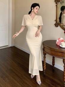 DAZY Women's Solid Color Ruffle Cape Design Mermaid Style Midi Elegant Dress - Apricot - View 6