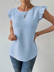 Breezaya Áo sơ mi nữ cổ tròn tay lửng màu trơn rộng rãi thường ngày - Màu xanh lam - Xem 5