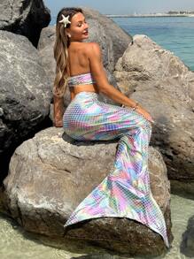 SHEIN Swim Vcay Women's Fish Scale Print Bandeau Bikini Top With Ruffled Hem Skirt Swimsuit Set - Multicolor - View 2