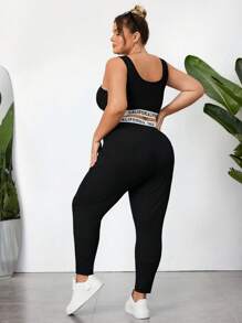 SHEIN CURVE+ Women's Plus Size Black Knitted Sporty Crop Top And Skinny Leggings Two Pieces Set