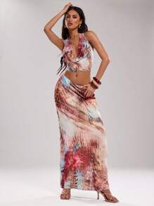 SHEIN BAE Women's Brown Striped Boho Summer Vacation Holiday Animal Print Draped Neck Backless Top And Skirt Set For Beach Music Festival Party Outfits - Multicolor - View 6