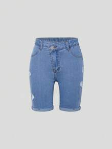 TWEEN GIRL URBAN STREET CASUAL DAILY SIMPLE WEST COUNTRY STYLE WRAP FRONT MID-JEANSHORTS ,With Back Flat Pockets And Ripped Detail , Button Front Closure And Roll-Up Hem - Medium Wash - View 1