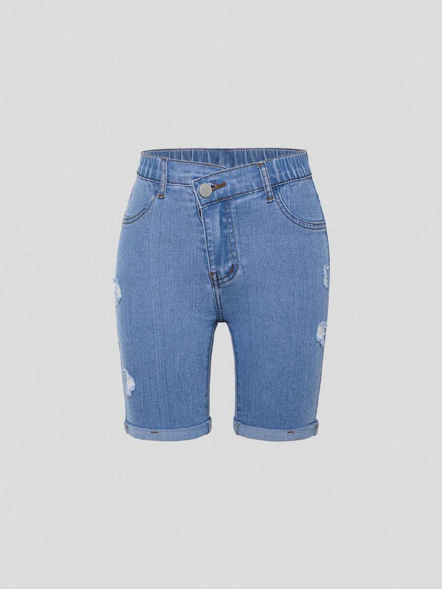 TWEEN GIRL URBAN STREET CASUAL DAILY SIMPLE WEST COUNTRY STYLE WRAP FRONT MID-JEANSHORTS ,With Back Flat Pockets And Ripped Detail , Button Front Closure And Roll-Up Hem - Medium Wash - View 1