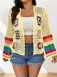 Flirla Cárdigan de punto con crochet y estampado floral para mujer de talla grande