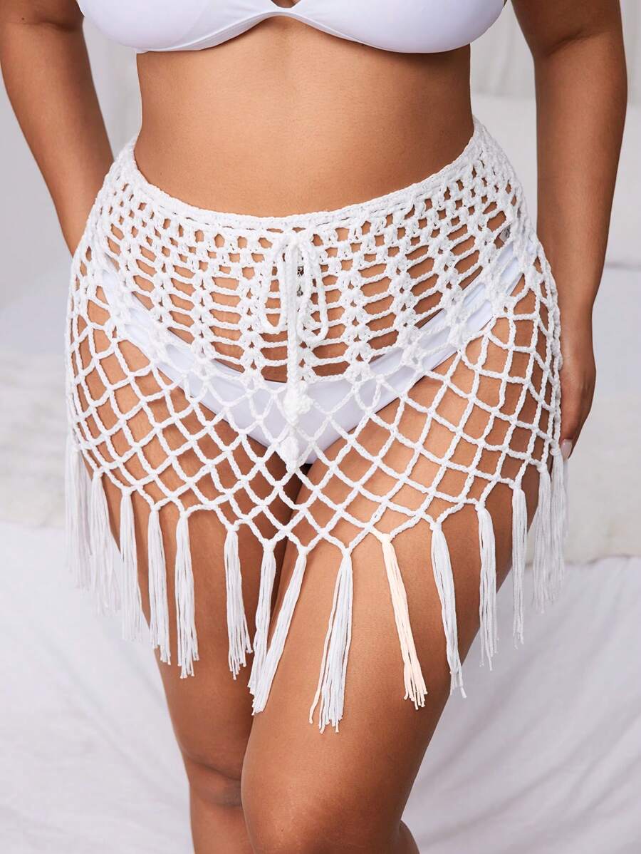Swim Lushoire Plus Size Women Lightweight Tassel Hollow Casual Cover Up, Minimalist And Fashion For Summer - White - View 1
